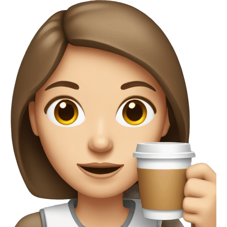 White woman with brown hair and grey eyes holding a coffee cup emoji