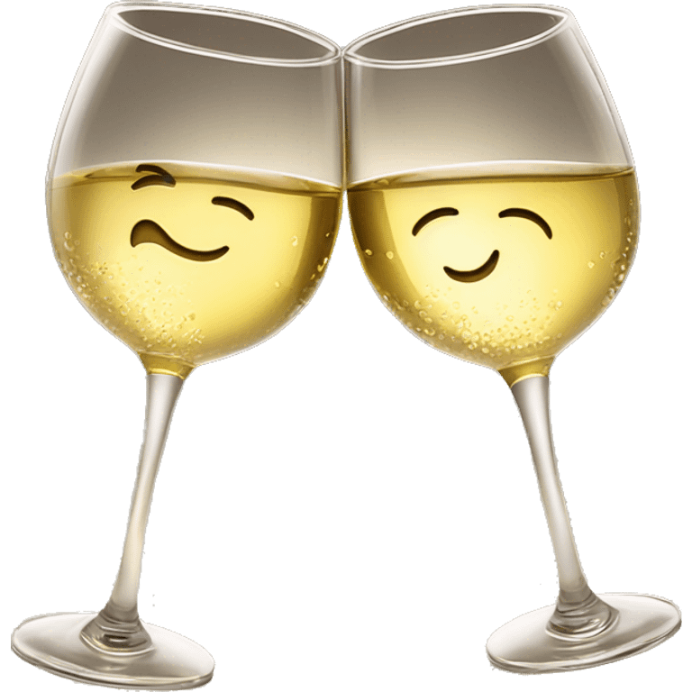 Two wine glasses filled with white wine clinking together in a toast, with soft sunlight highlighting the golden liquid and droplets of condensation on the glass emoji