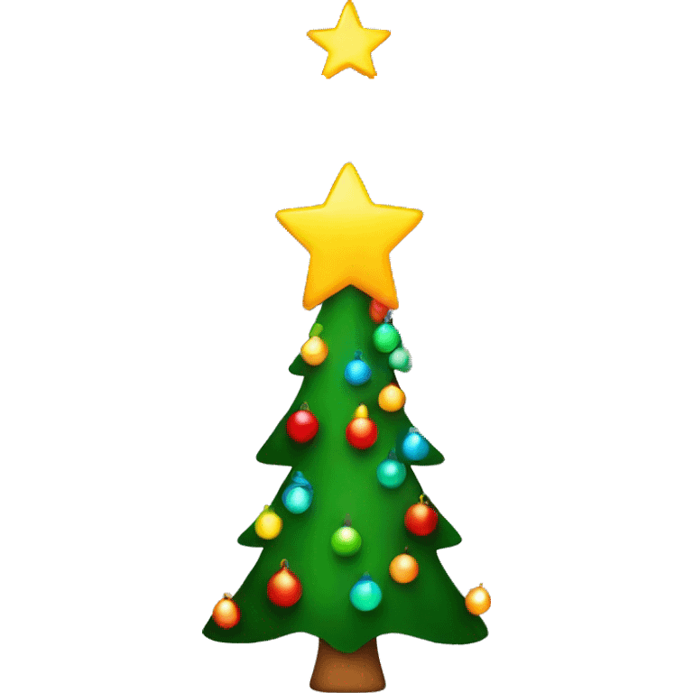 Christmas tree with yellow star topper, rainbow lights and red and green ornaments emoji