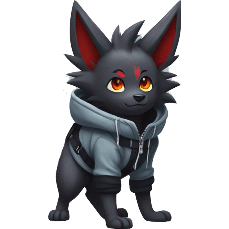 Cool Edgy Zorua-Zoroark-Mightyena with a collar and hoodie-sweater and harness on, full body emoji