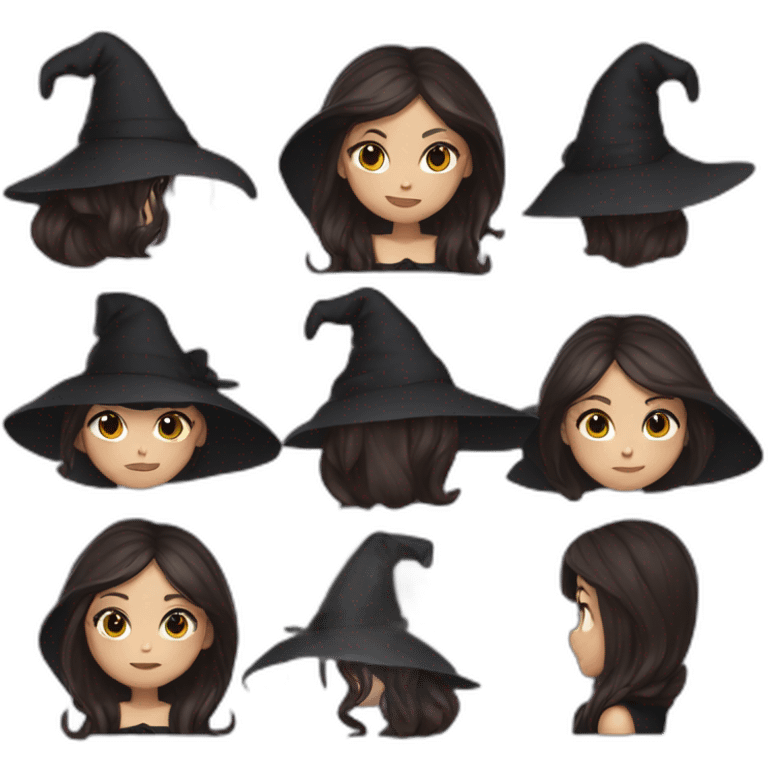 a young white brown thin girl with straight dark hair dressed as a witch emoji