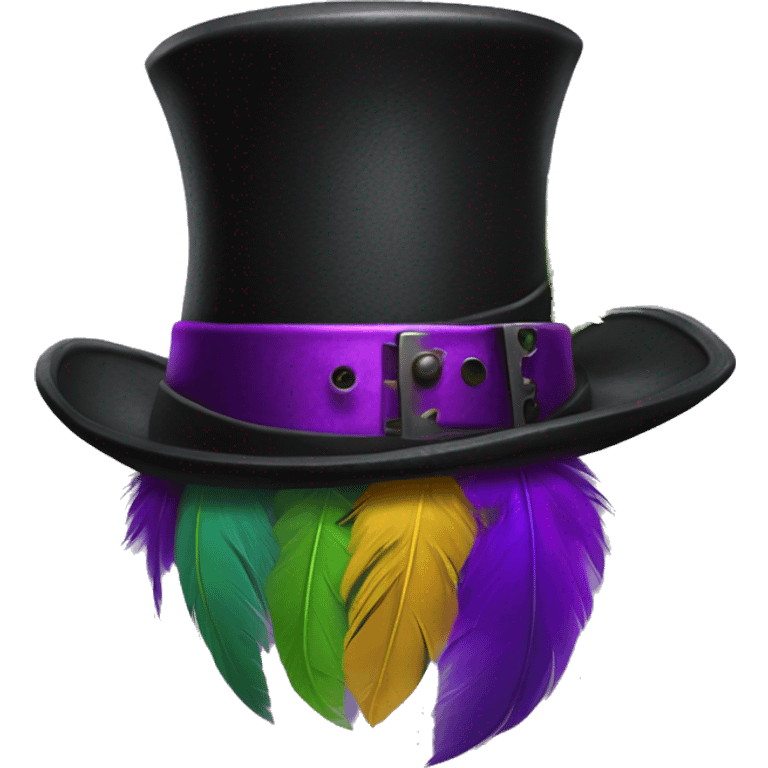 Realistic isolated black voodoo top hat with purple buckle around top of hat with purple,green,and yellow feather stuck in it. emoji