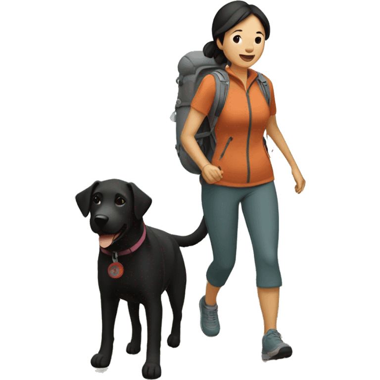 asian woman hiking with black lab dog emoji