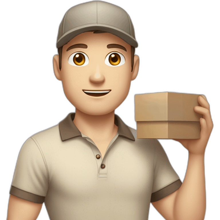 Pale skinned fit Man with dark brown hair in a beige cap, gray jeans, brown polo and white T-shirt keeping a pasted with tape white box into his hands emoji