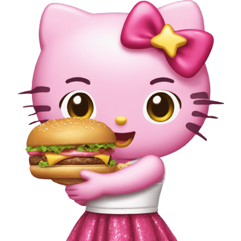 Twin hello kitty wearing pink skirt and glittery holding burger emoji