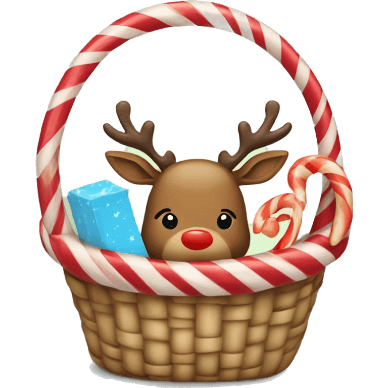 A basket with a candy cane and a reindeer sticking out of it emoji