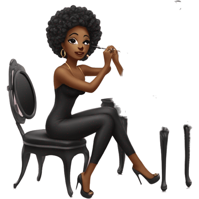 glamorous beautiful black woman sitting at a vanity mirror doing her makeup emoji