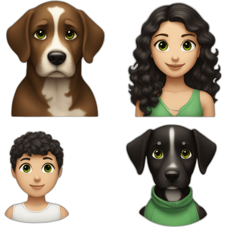 girl-with-brown-eyes-and-brown-hair-and-a-boy-with-short-black-hair-and-green-eyes-hugs-curly-black-and-white-dog emoji