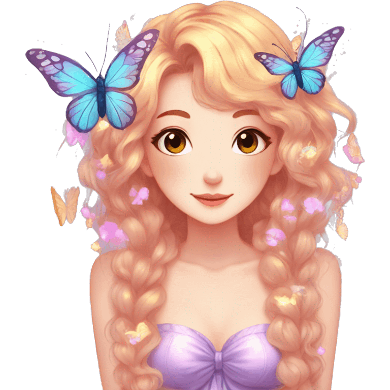 gorgeous shiny anime lady with butterflies and beautiful hair fairycore cottagecore high quality detailed emoji