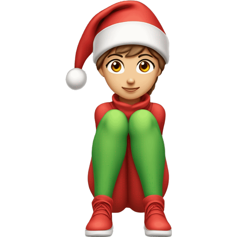 Girl with  brown short hair in red elf hat in a sitting position holding her legs ￼ emoji