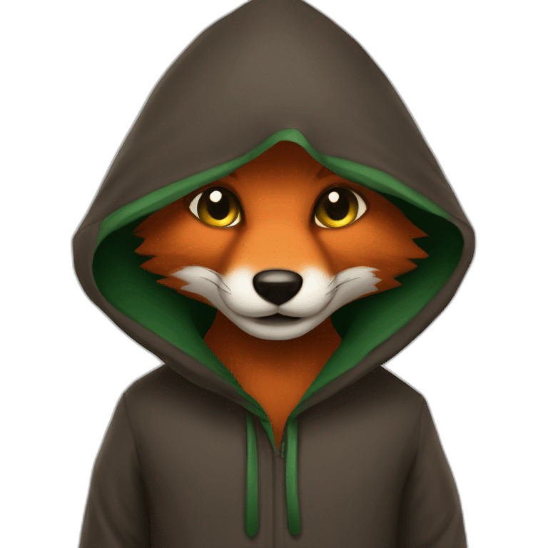 a small dark brown fox with orange eyes with a dark green hood that smile emoji