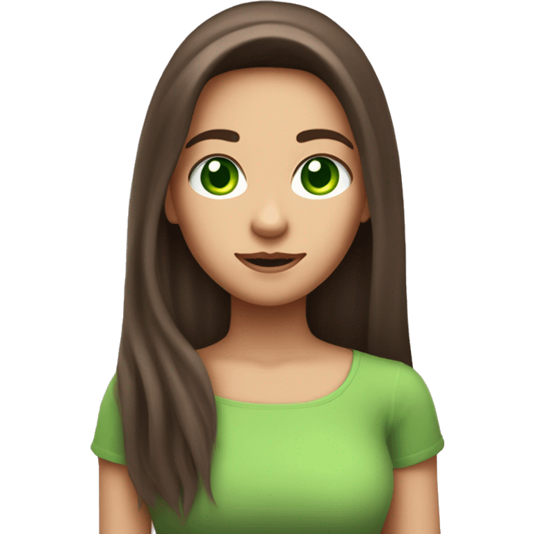 Create a brunette girl with long hair and a pink lock of hair, with green eyes, holding a phone, the light from the phone should fall on the girl emoji