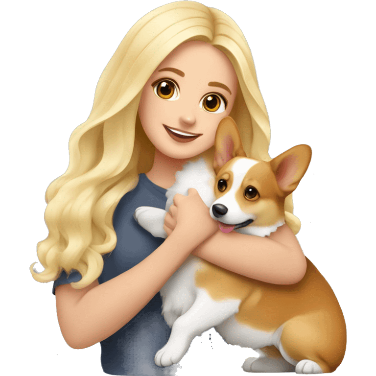 Beautiful blonde with a square hugs with Welsh corgi Pembroke tricolor emoji