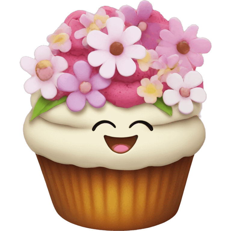 Happy cupcake with face on the icing and flowers on top  emoji