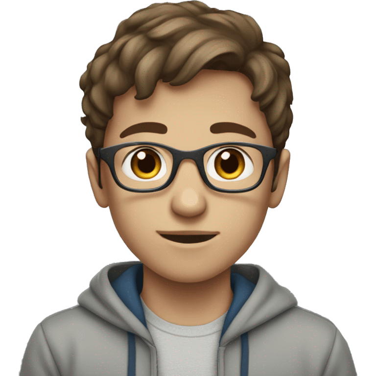 boy with brown ish hair with blue eyes wearing glasses with grey hoodie on  emoji