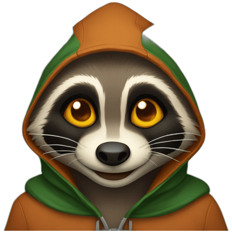 brown raccoon with orange eyes and a dark green hood that is smiling emoji