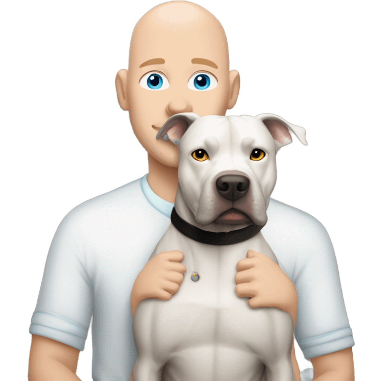 white bald man with blue eyes hugging large dark grey pit bull emoji