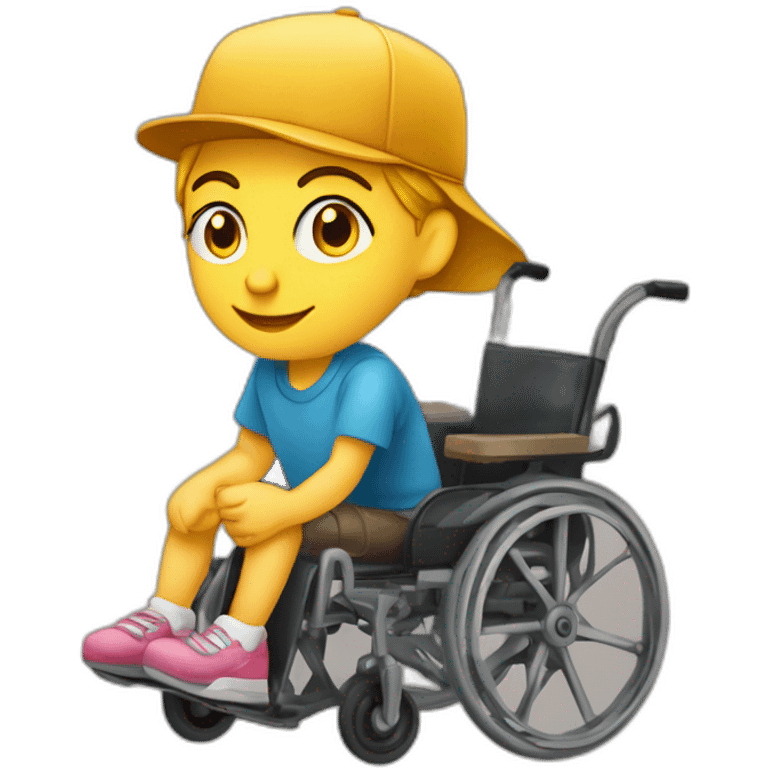 enfant assis sur un fauteuil roulant et sa soeur avec une casquette qui lève les bras en l'air emoji