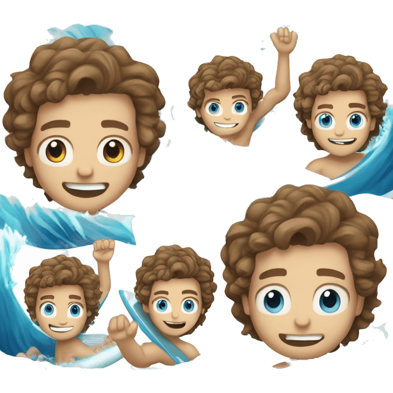 White Boy with wavy brown hair and blue eyes surfing a huge wave emoji