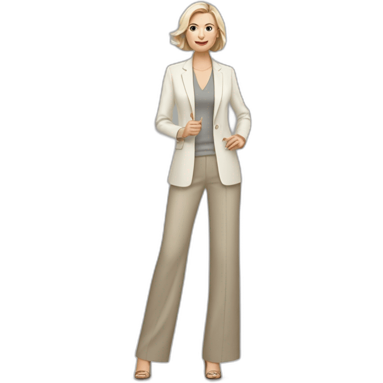 Full height Actively gesturing with hands pale skin woman with ash blonde Straightened bob Hair, White Spacious classical jacket, beige palazzo Arrow pants and gray blouse emoji