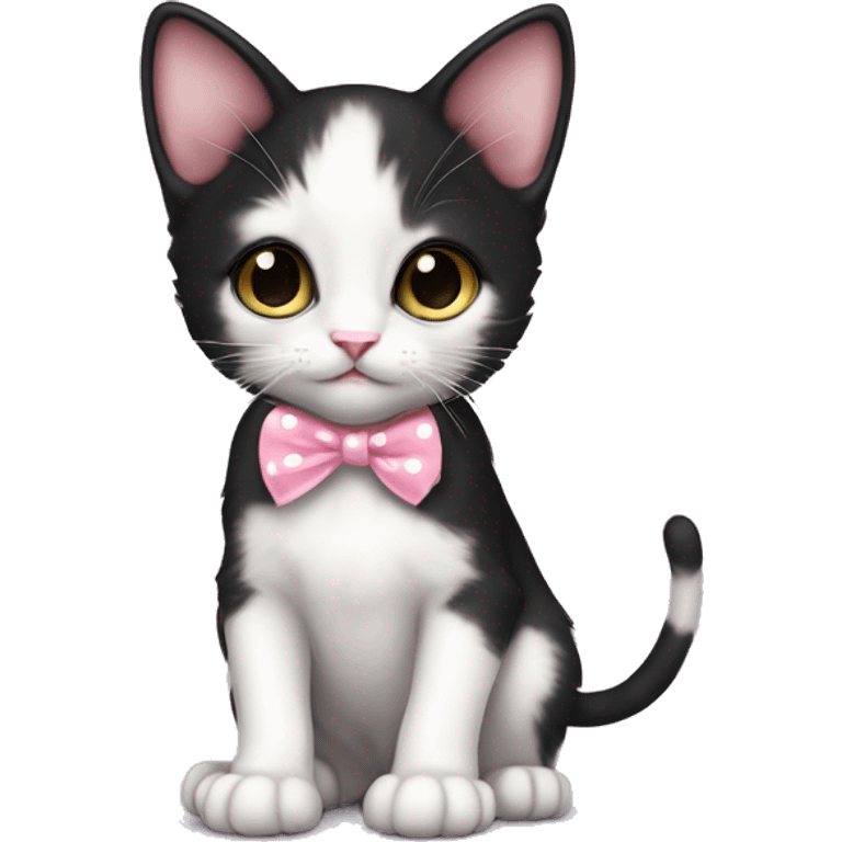 Baby Full body Tuxedo kitten with a pink polka dot ribbon Hazel eyes emoji