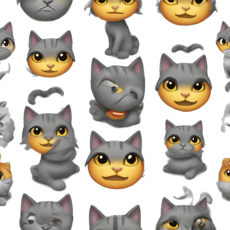 a grey anthropomorphic cat with one blue eye and one orange eye with human black emo hair wearing yellow headphones emoji