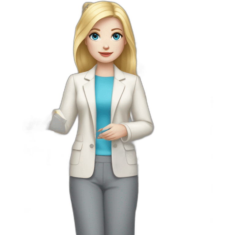 pale skin woman with blonde straight line Hair to shoulders, blue eyes, White classical jacket, Gray Palazzo pants holding a color palette in the hands emoji