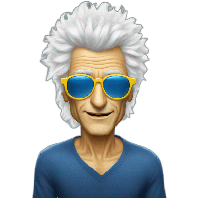 michel polnareff avec des lunettes de soleil blanches, des cheveux longs jaunes, vieux, avec un costume bleu et expression de visage neutre emoji