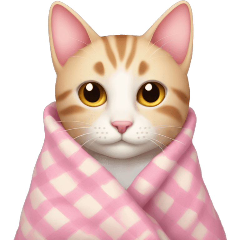 cat with a cozy light pink checkered blanket  emoji