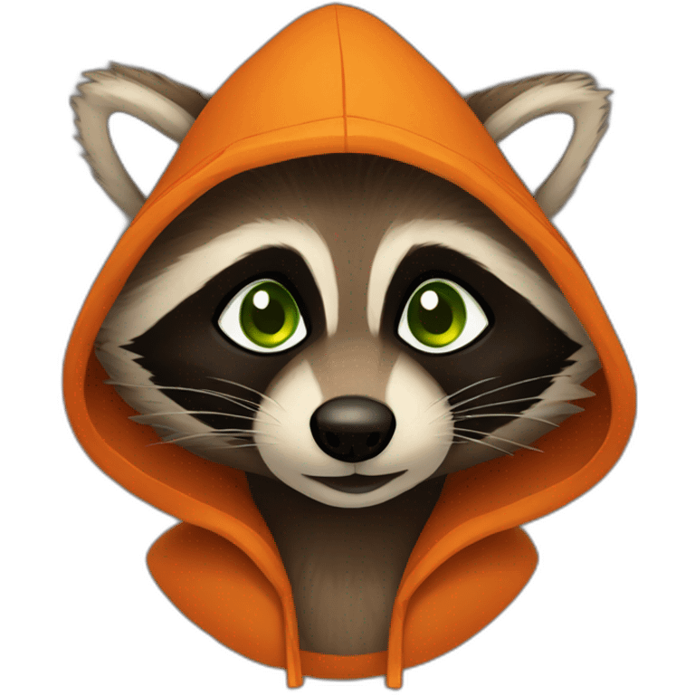 brown raccoon with orange eyes and a dark green hood that is smiling emoji