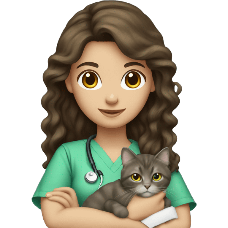 Pretty Brunette long wavy hair veterinary nurse. green scrubs holding a cat emoji