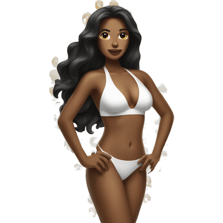 Tan woman with long black wavy hair in a white bikini emoji