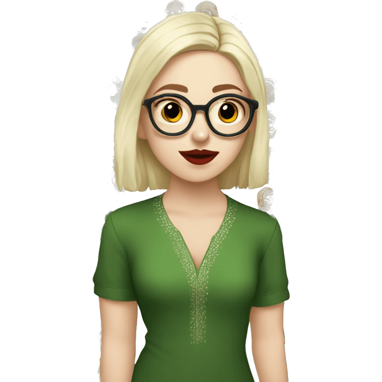 White girl in a green kurta with flower design, glasses, alot of piercing, gay, red lips, nose ring, full body, short straight black edgar hair, emoji