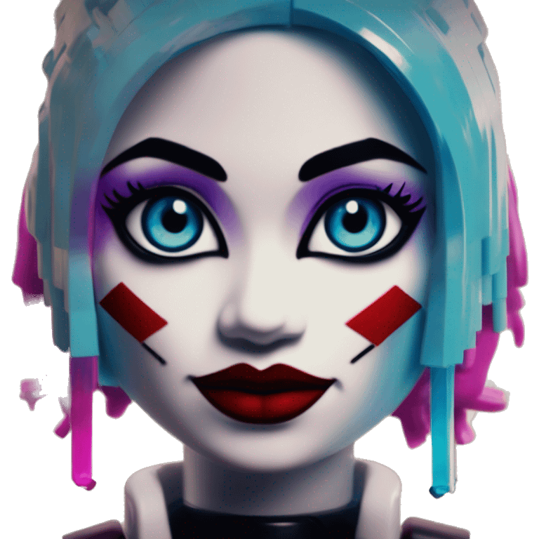 Synthwave Lego in Harley Quinn style, oil paint, mysterious eyes, intricate lips, masterpiece portrait, odd perspective, beautiful, desirable, logical emoji