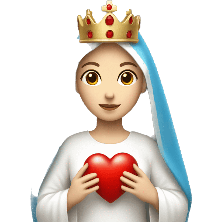 holy mary with a crown, blue veil, white clothes, white skin, holding a red heart in her hands emoji