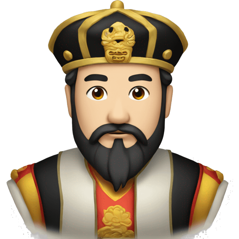 The Chinese emperor,with black hair and black beard,wore a high black golden hat  emoji