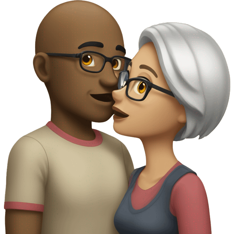 A couple kissing. The girl has short hair and wear glasses. Boy has thick eyebrows good body and a little bald emoji