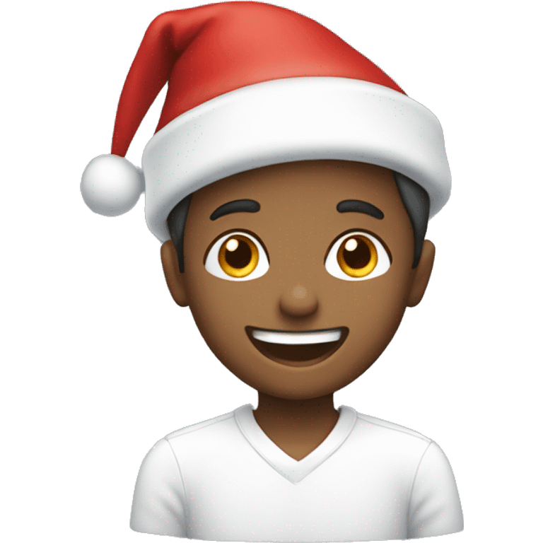 smiling boy in white shirt and a Christmas hat  emoji