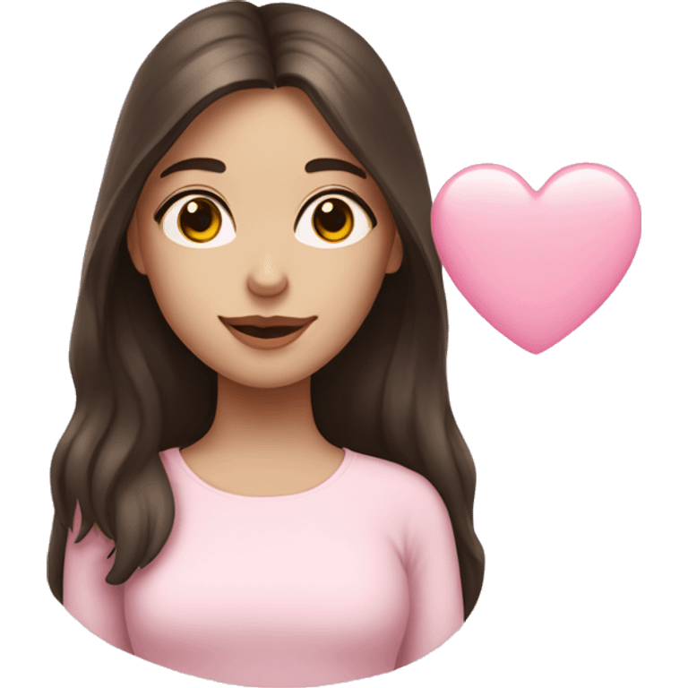 Brunette girl, white skin, holding a small pale pink heart  emoji