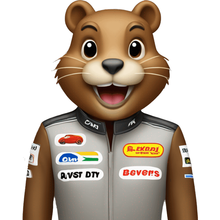 a beaver as a formula driver squeaking emoji