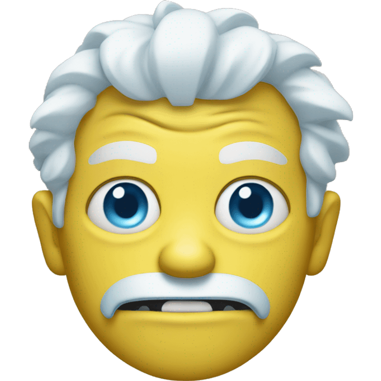 A yellow evil emoji with white hair and sky blue eyes emoji