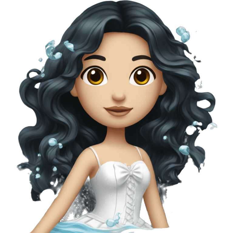 Pretty young Lady doll posing posed pose with long black hair flowers in hair white dress surrounded by flowing water water swirls waves emoji