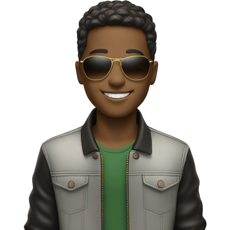 smiling boy in stylish outfit with ray-ban emoji