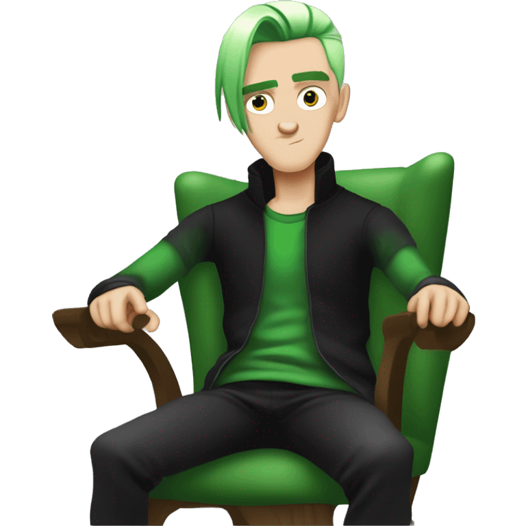 arafed man with green hair and a black shirt sitting in a chair, lil peep, similar to malfoy, style of seb mckinnon, green hair, bright green hair, burtonesque, elfpunk, he looks like a human minion, wry smirk emoji