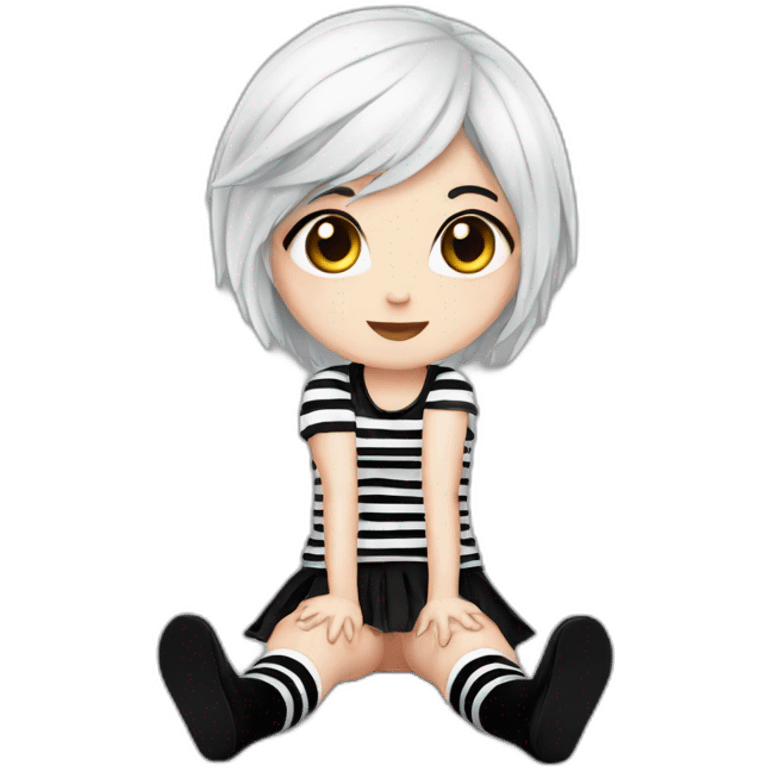 Frontal view curvy emo girl sits white skirt striped stockings hands up emoji