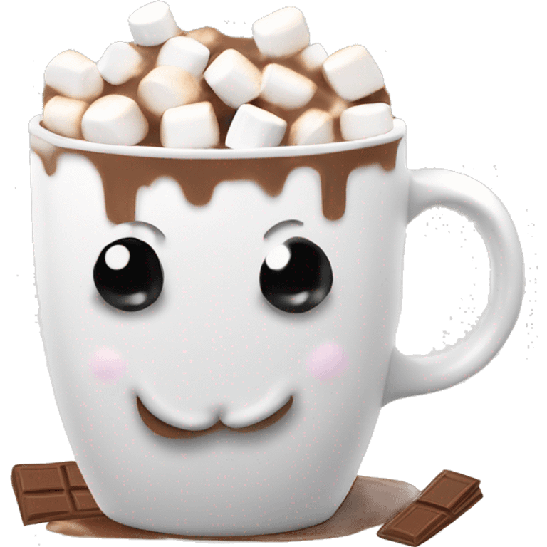 hot cocoa in white mug with marshmallows and flake emoji