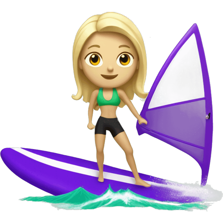 windsurfer blonde woman on green surfboard with purple and white sail where shes surfing and sail is bigger than her emoji