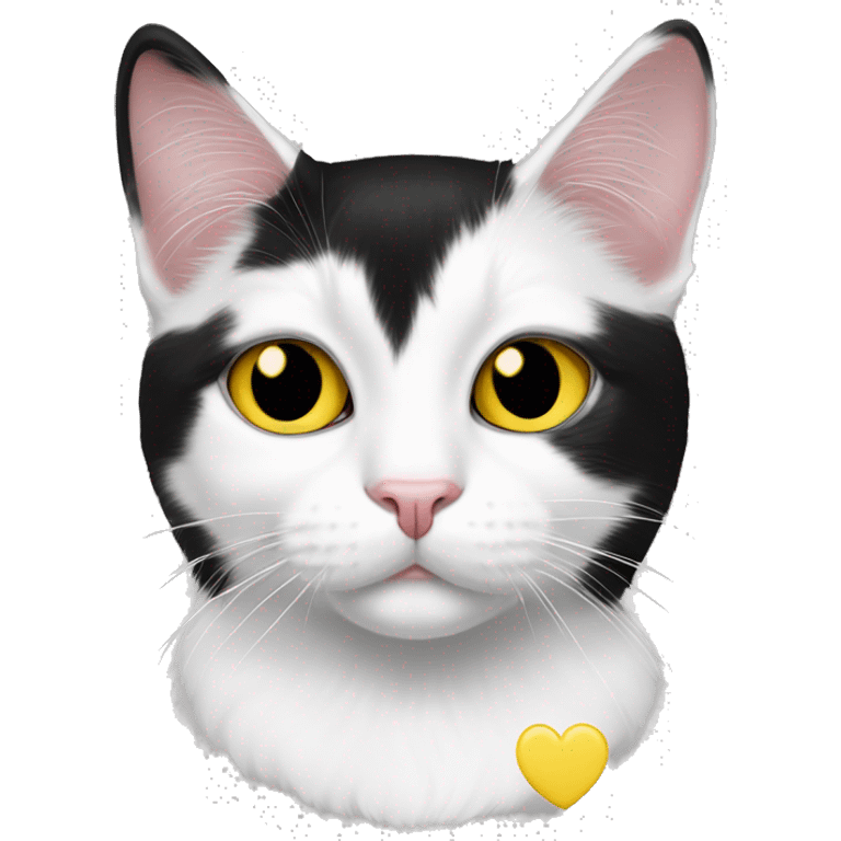 Black and white tuxedo cat with yellow eyes and white heart patch around mouth emoji