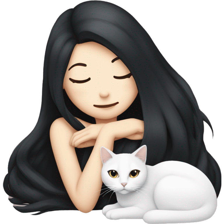 A pretty white girl with very long black hair and sleeping curled up to a white cat  emoji