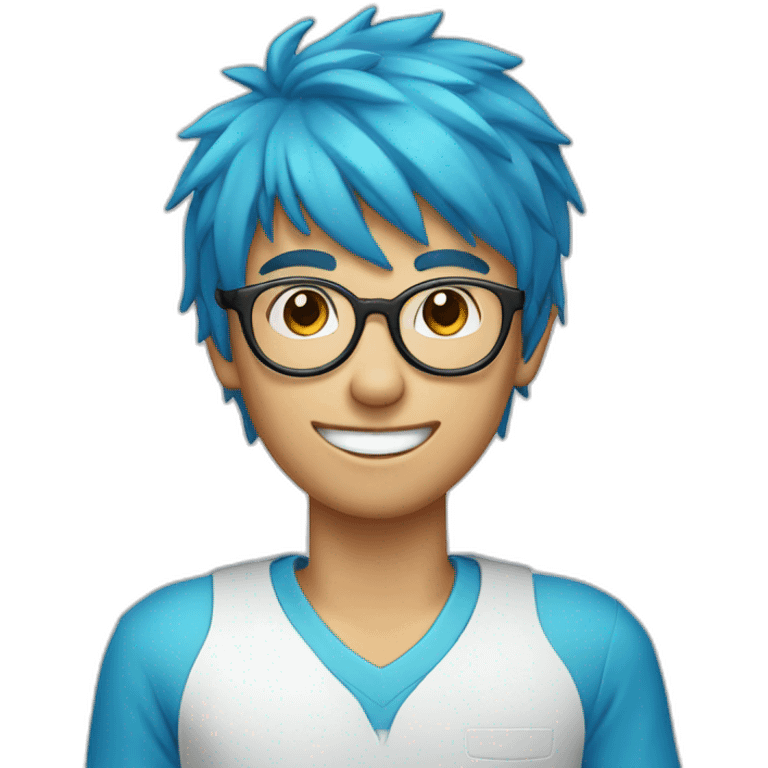 A boy with blue hair, round glasses and a dental appliance behind a computer emoji